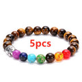 Seven chakra natural stone and tiger eye beaded bracelet with adjustable rope in gold or silver
