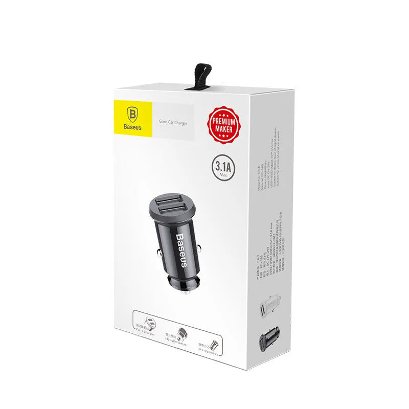 Xiaomi mini car charger with USB port and indicator light in black and white colour options