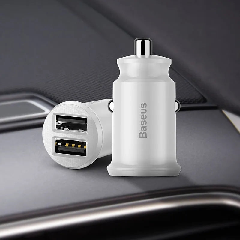 Xiaomi mini car charger with USB port and indicator light in black and white colour options