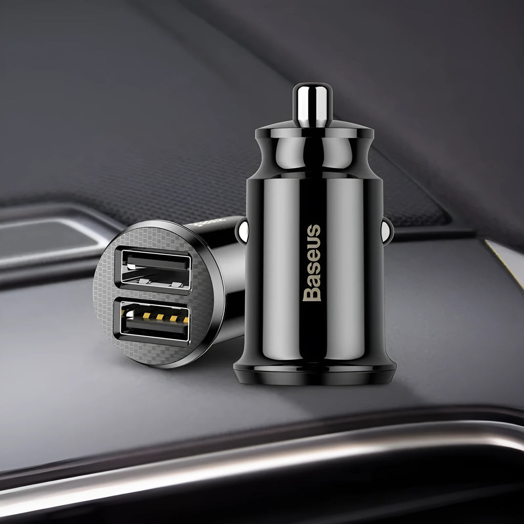 Xiaomi mini car charger with USB port and indicator light in black and white colour options