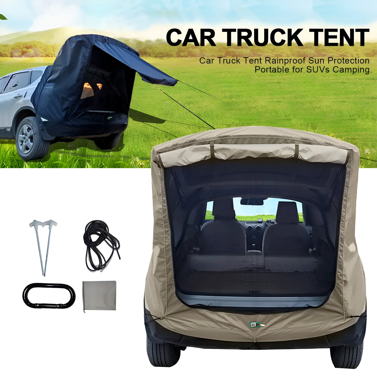 Car trunk extension tent attached to rear of SUV showing cloth door and screen door with reflective strip