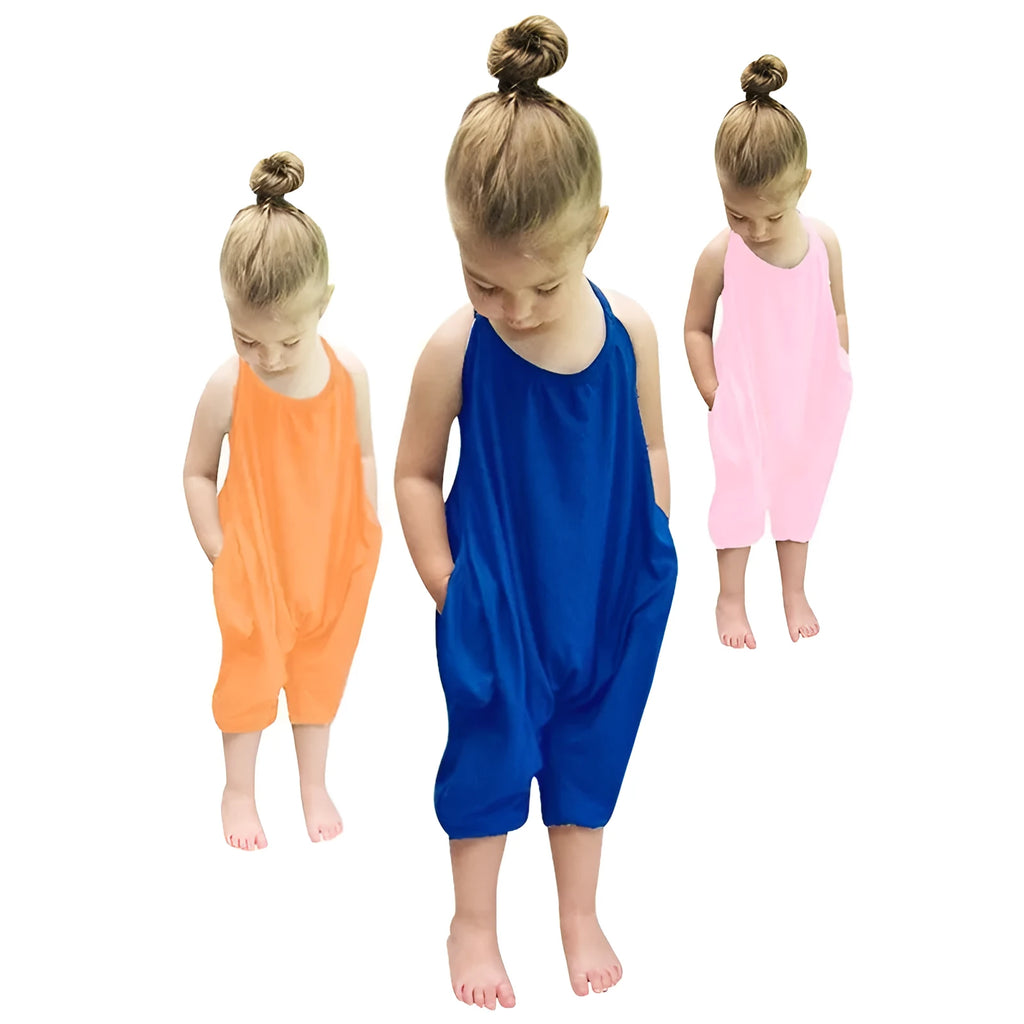Girls cotton strap romper with harem trousers in grey, black, pink, and dark blue, sizes 80-140cm