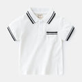 Boys' white and black cotton polo shirt with short sleeves and round neck collar