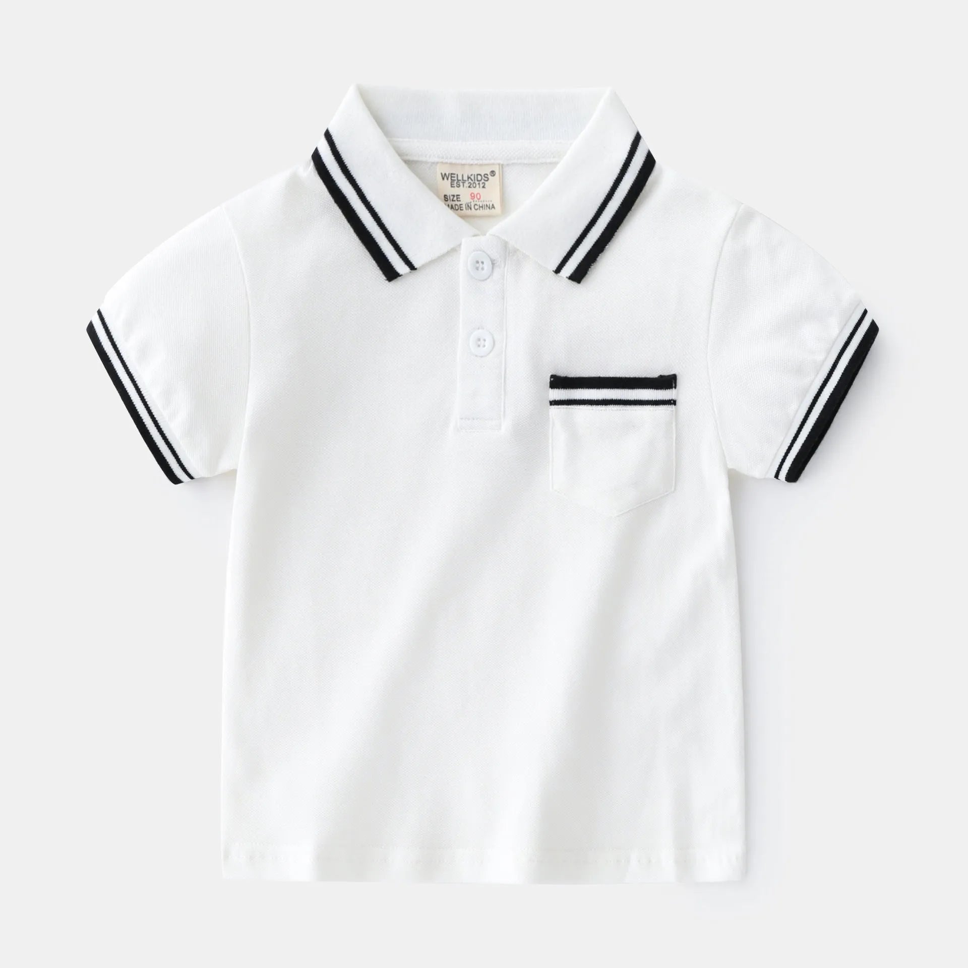Boys' white and black cotton polo shirt with short sleeves and round neck collar