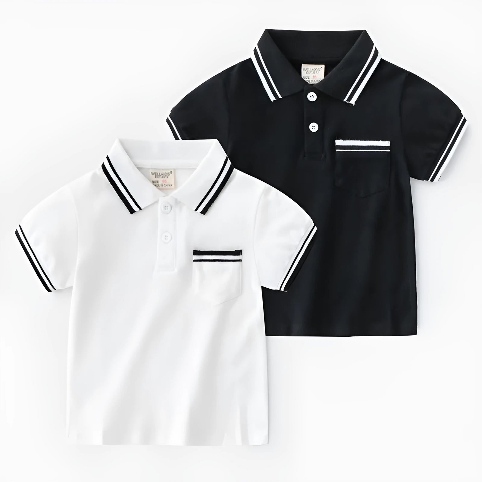 Boys' white and black cotton polo shirt with short sleeves and round neck collar