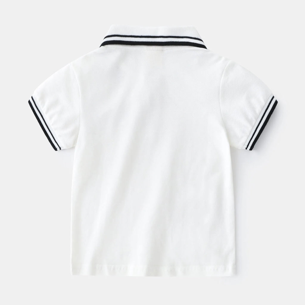 Boys' white and black cotton polo shirt with short sleeves and round neck collar