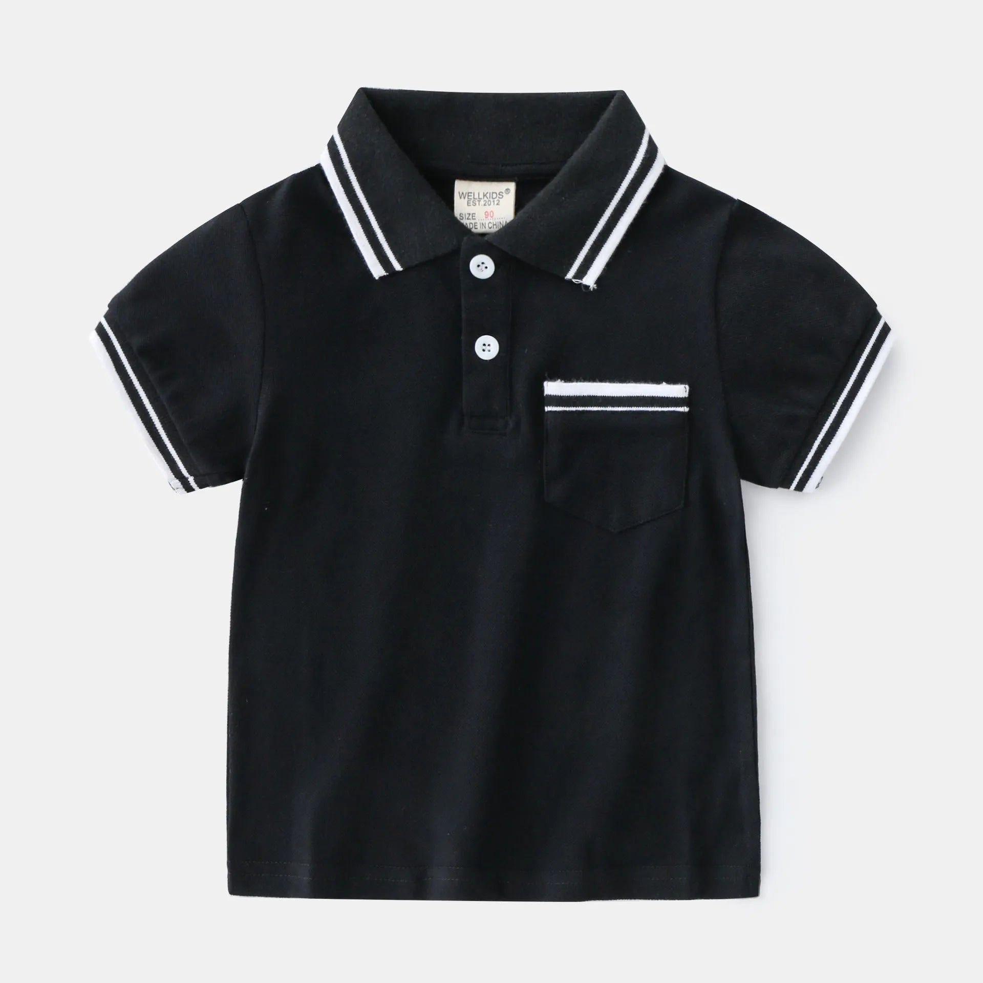 Boys' plain white and black short sleeve cotton polo shirt for summer