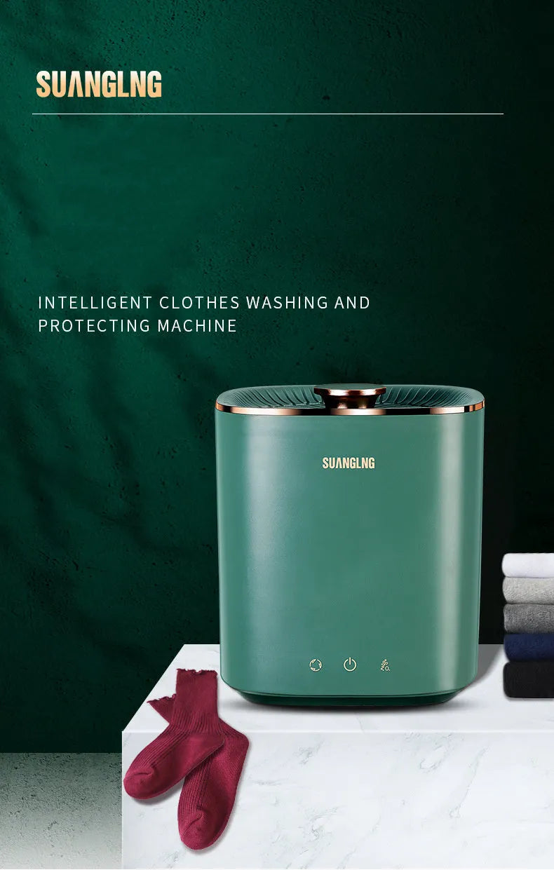 Green and white mini portable washing machine with 300mL capacity for travel and dormitory underwear washing