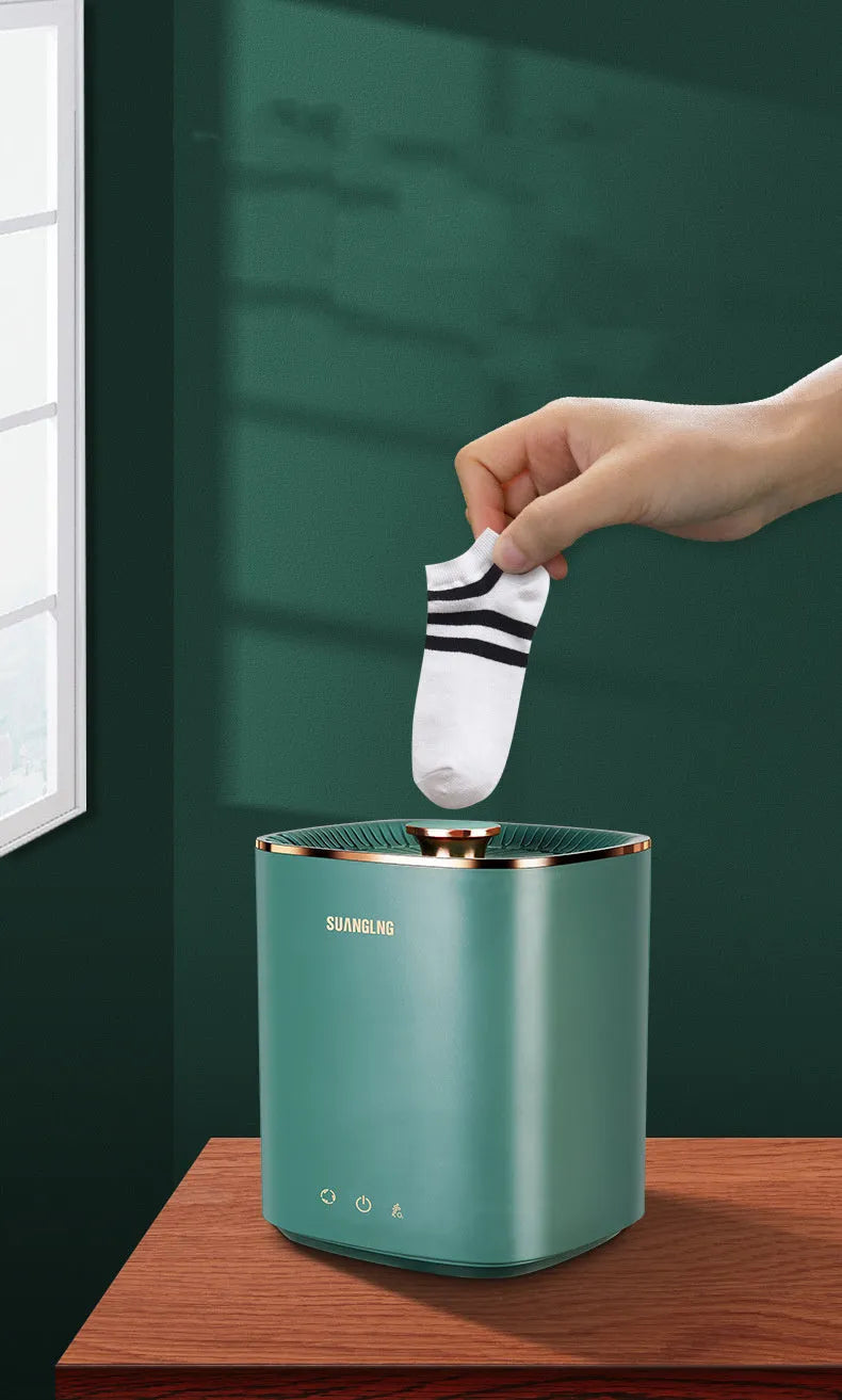 Green and white mini portable washing machine with 300mL capacity for travel and dormitory underwear washing