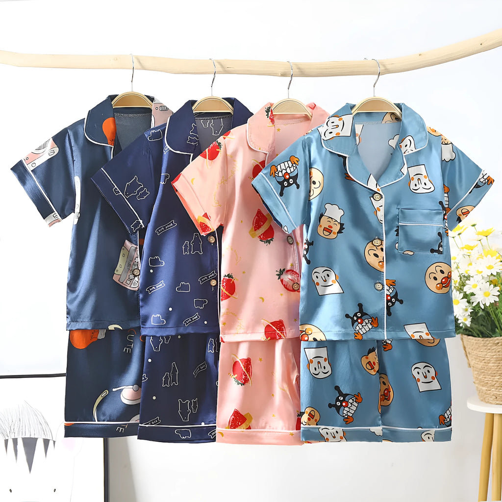 Children's acetate pyjama set with cartoon animal prints in Korean style, available in multiple colours and sizes 110-160cm