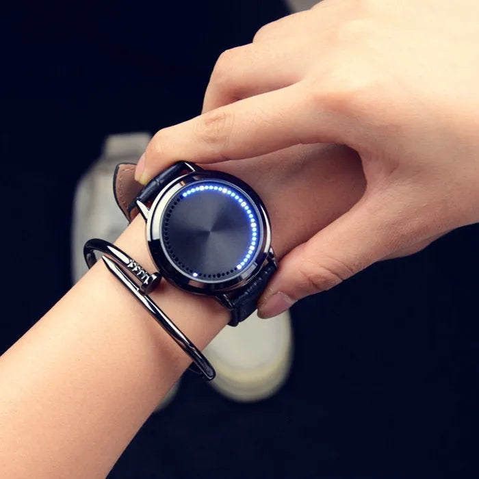 Electronic digital watch with blue light display showing casual style design