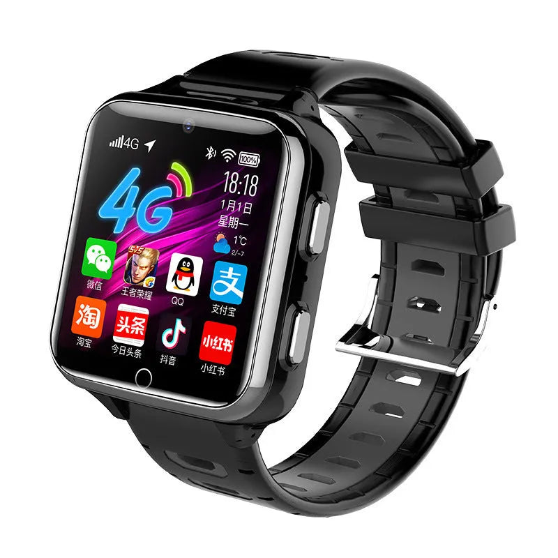 Children's smart watch with a black silicone strap and a 1.54-inch screen displaying a digital interface.