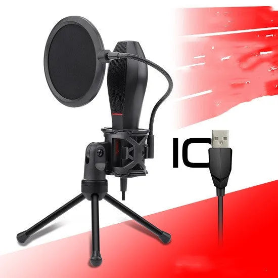 Black wired live broadcast singing microphone with USB cable for noise reduction recording.