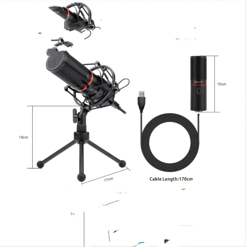 Black wired live broadcast singing microphone with USB cable for noise reduction recording.