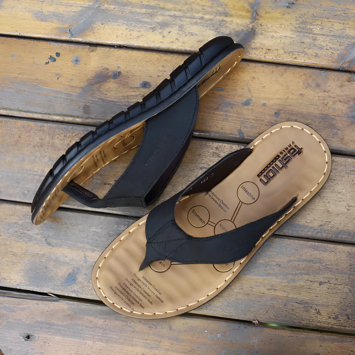 Men's cowhide leather flip-flops with open toe and rubber sole, shown in black, brown and khaki, sizes 38-44.
