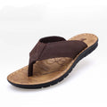 Men's cowhide leather flip-flops with open toe and rubber sole, shown in black, brown and khaki, sizes 38-44.