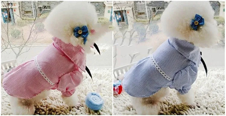 Cotton bubble sleeve bow tie pet shirt in red or blue stripes, sizes S to XXL