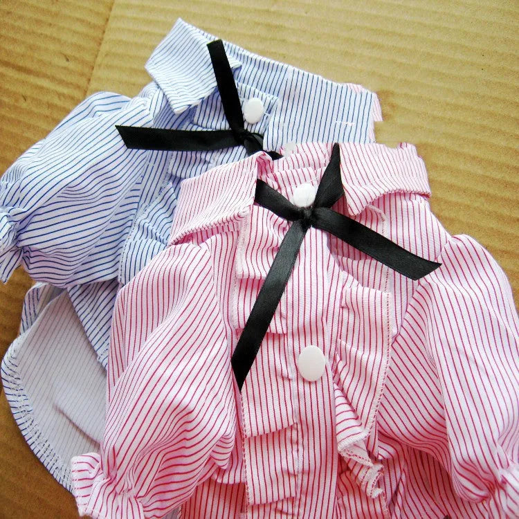 Cotton bubble sleeve bow tie pet shirt in red or blue stripes, sizes S to XXL