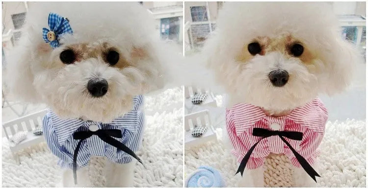 Cotton bubble sleeve bow tie pet shirt in red or blue stripes, sizes S to XXL
