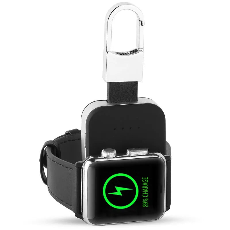 Black Apple Watch portable wireless charger power bank with keychain loop