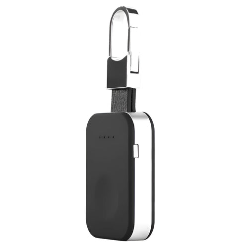 Black Apple Watch portable wireless charger keychain with keyring, shown next to an Apple Watch.