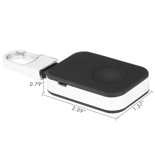 Black Apple Watch portable wireless charger keychain with keyring, shown next to an Apple Watch.