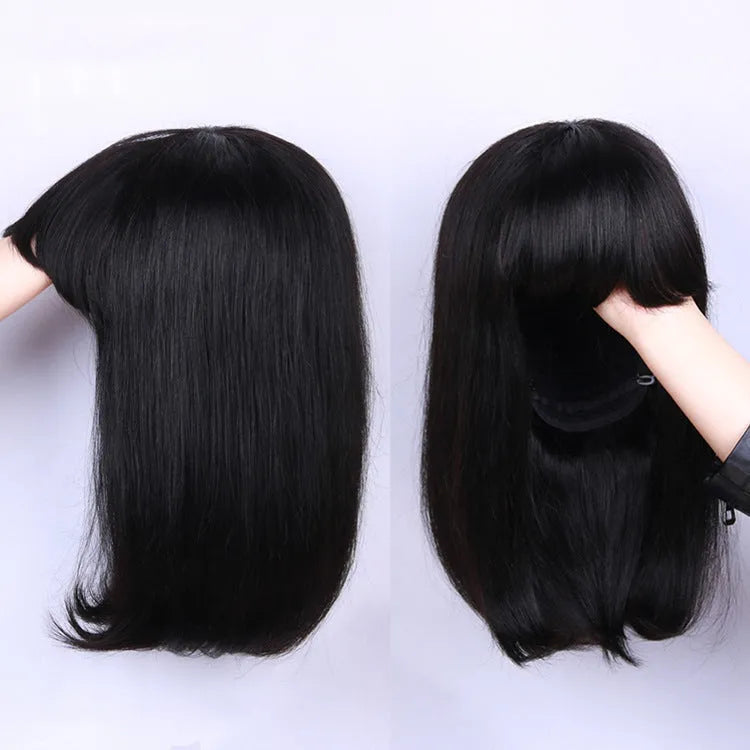 Black real human hair full cap wig with lace front, 10 inches in length