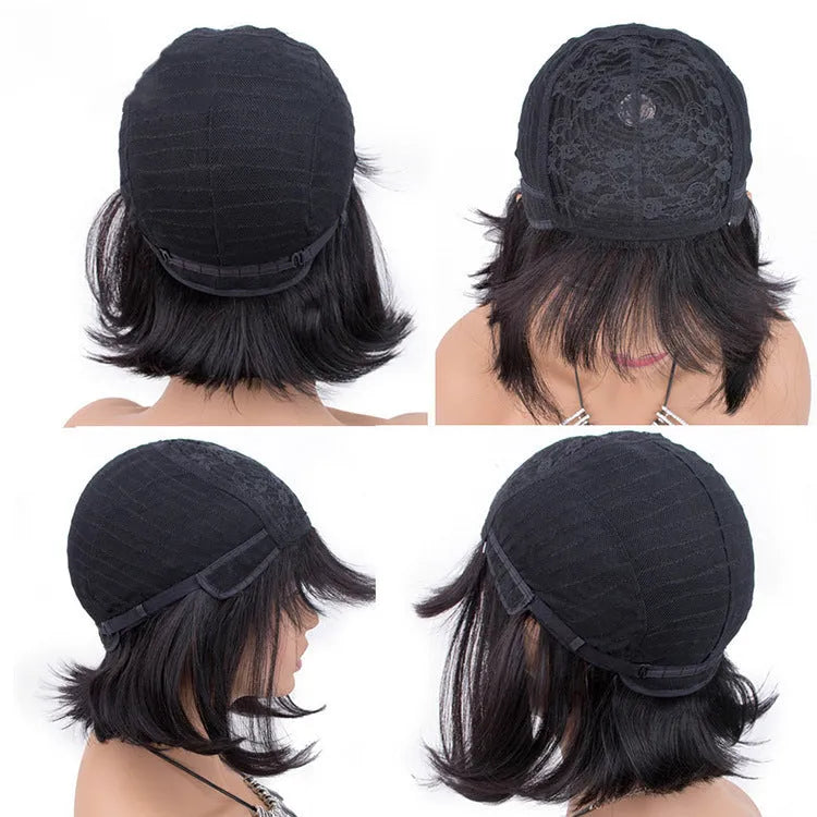 Black real human hair full cap wig with lace front, 10 inches in length