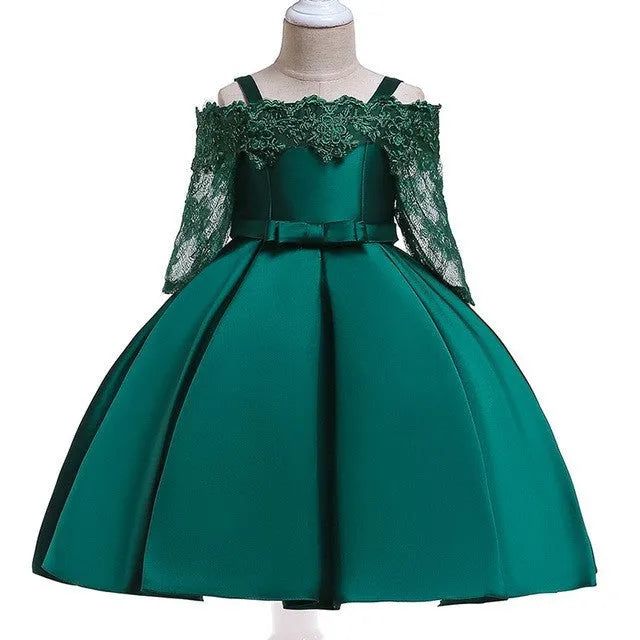 Simple kids girls polyester dress with lace detail shown in one of five colour options.