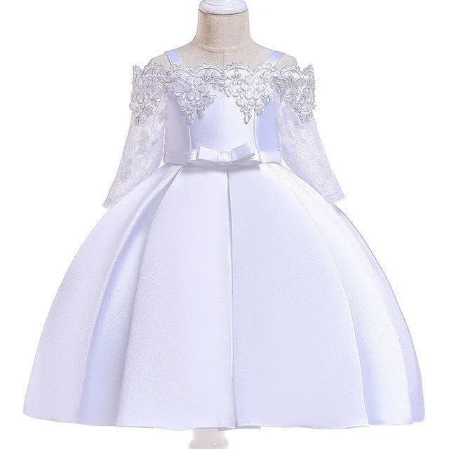 Simple kids girls polyester dress with lace detail shown in one of five colour options.