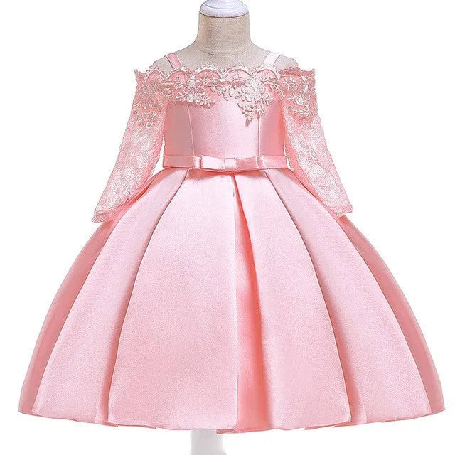 Simple kids girls polyester dress with lace detail shown in one of five colour options.