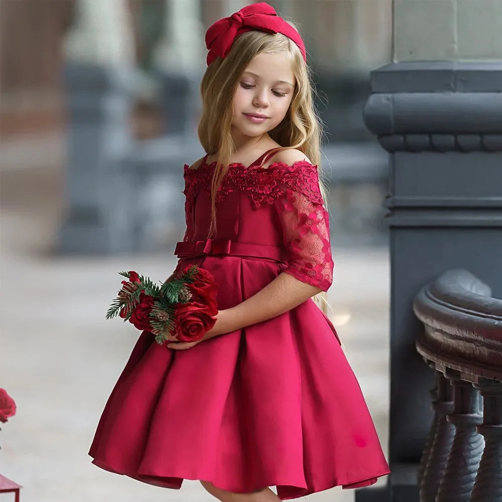 Girls dress with lace trim in polyester fabric available in multiple colours and sizes 3T to 10T