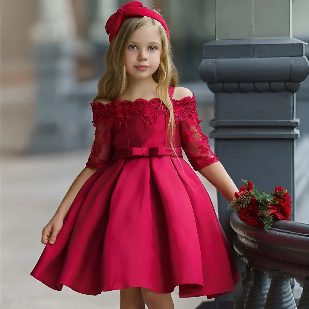 Girls dress with lace trim in polyester fabric available in multiple colours and sizes 3T to 10T