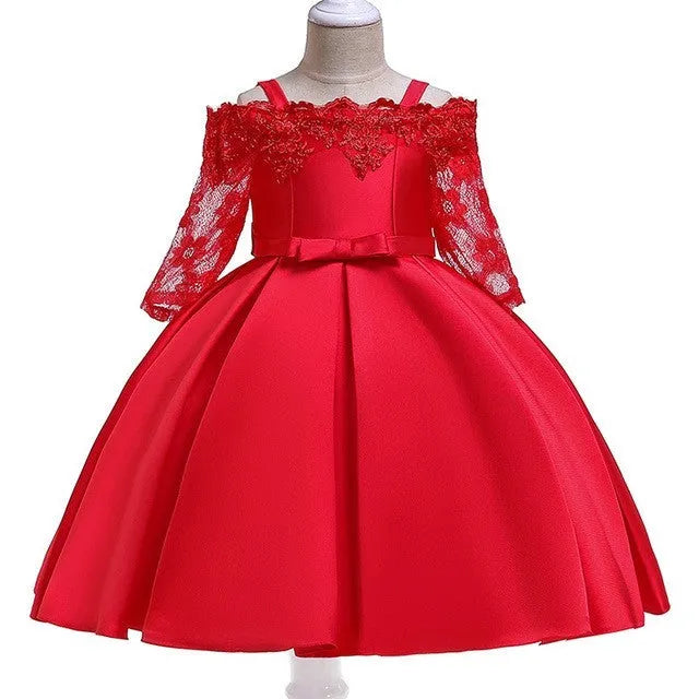 Simple kids girls polyester dress with lace detail shown in one of five colour options.