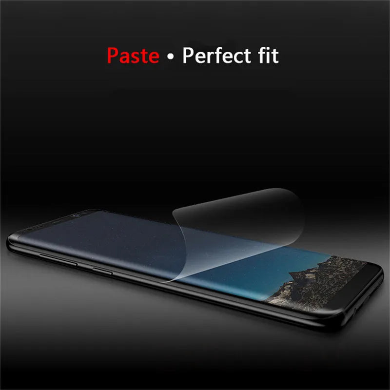 Hydrogel screen protector for curved Samsung Galaxy phones on a matte surface.
