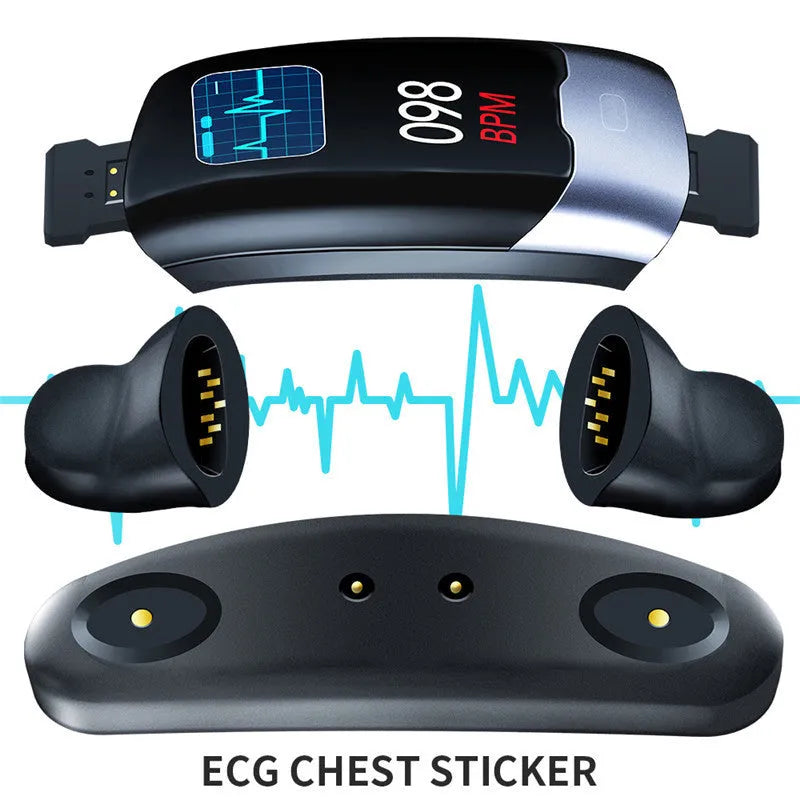 Smart fitness bracelet showing digital display with heart rate, blood pressure and sleep tracking metrics