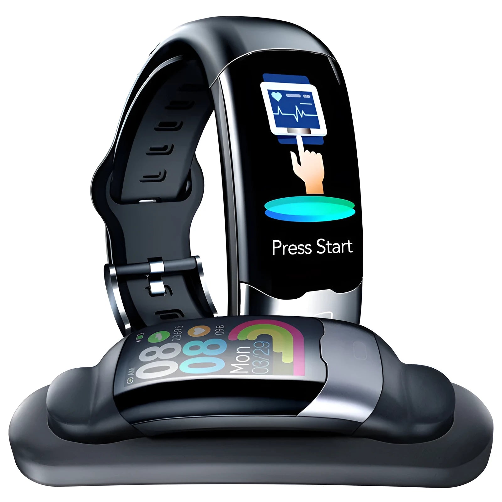 Smart fitness bracelet showing digital display with heart rate, blood pressure and sleep tracking metrics