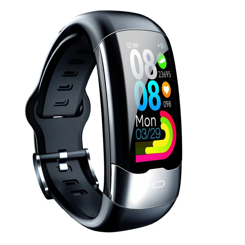 Smart fitness bracelet showing digital display with heart rate, blood pressure and sleep tracking metrics