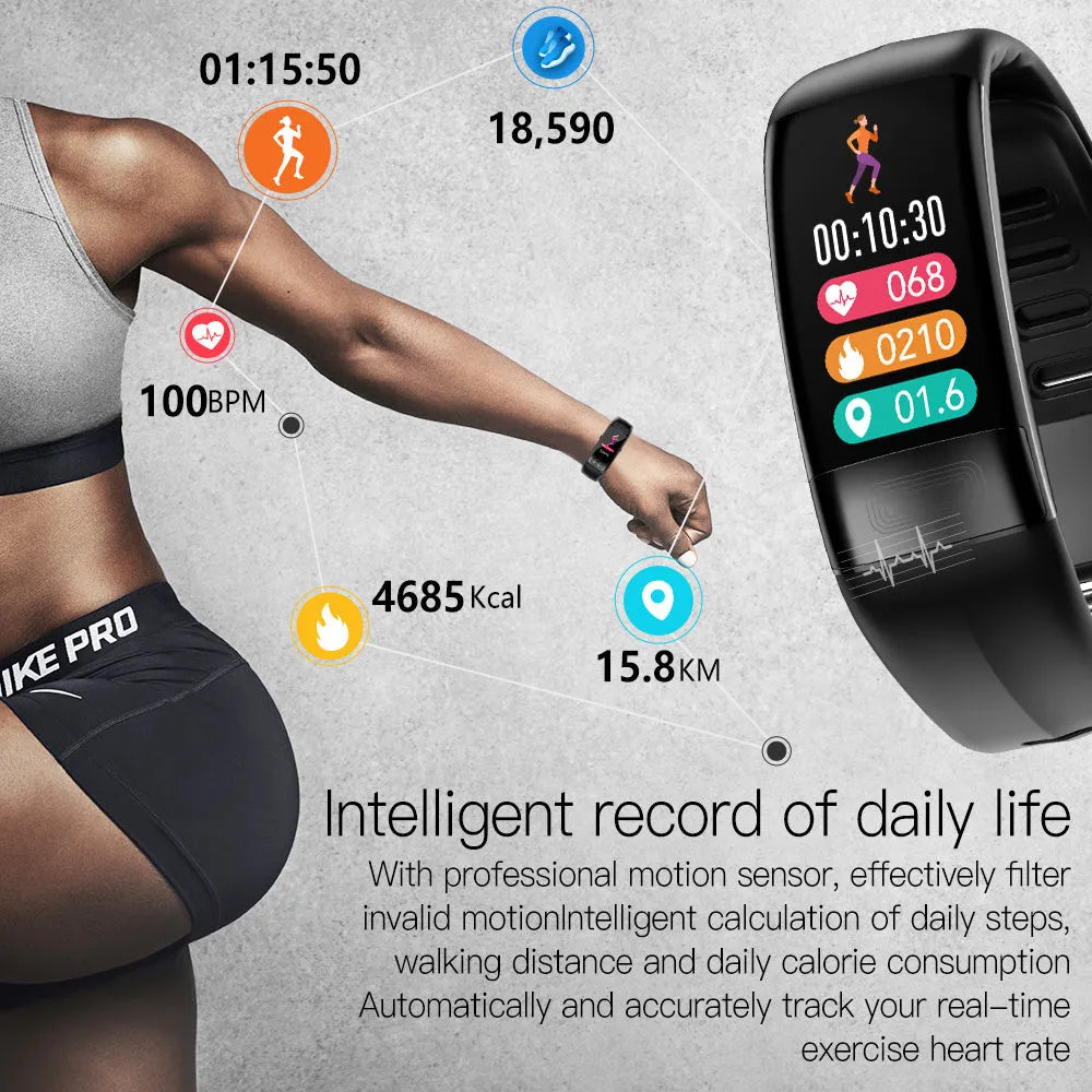 Smart health bracelet with ECG and body temperature monitoring on wrist in black colour