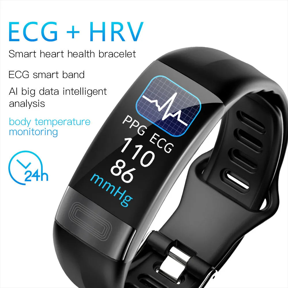 Smart health bracelet with ECG and body temperature monitoring on wrist in black colour