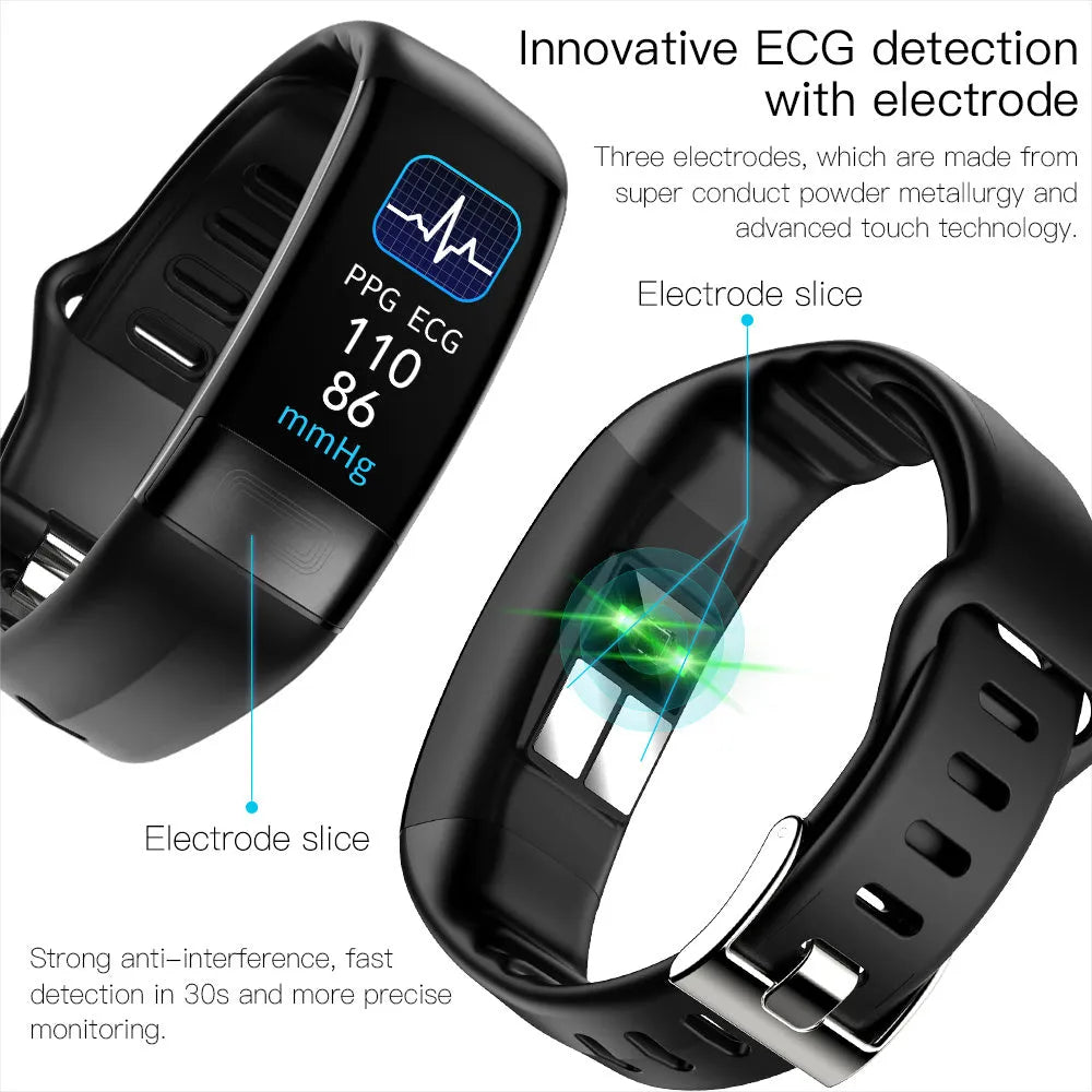 Smart health bracelet with ECG and body temperature monitoring on wrist in black colour