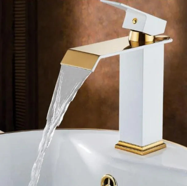 Copper waterfall basin faucet with blackened finish and gold accents in American art deco style