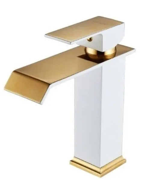 Copper waterfall basin faucet with blackened finish and gold accents in American art deco style