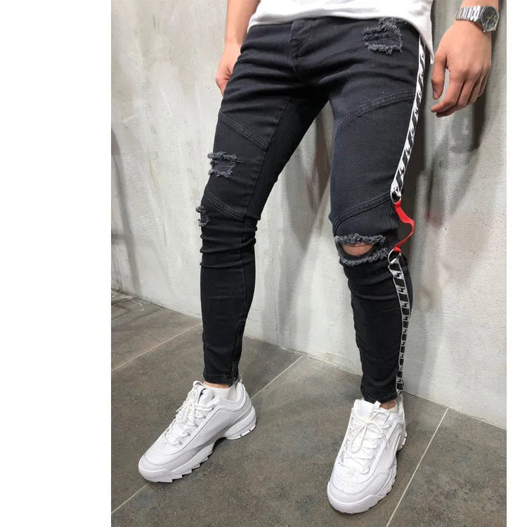 Men's casual low-waist flat-front canvas trousers in black with zip closure and pencil leg