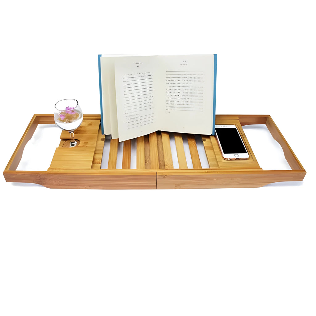 Natural bamboo bathtub frame desktop storage unit with one shelf for bathroom organisation.