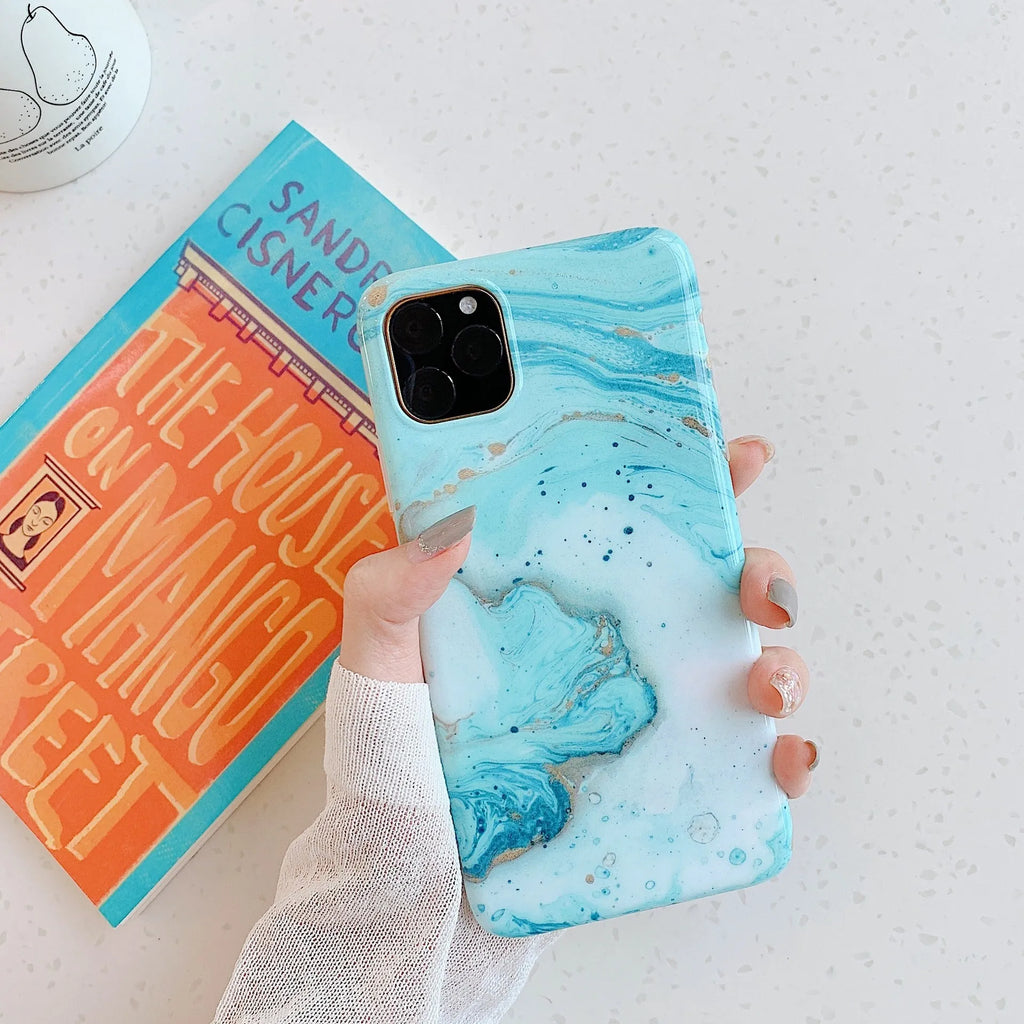 Frosty marble silicone phone case for iPhone with geometric pattern in jade green colour