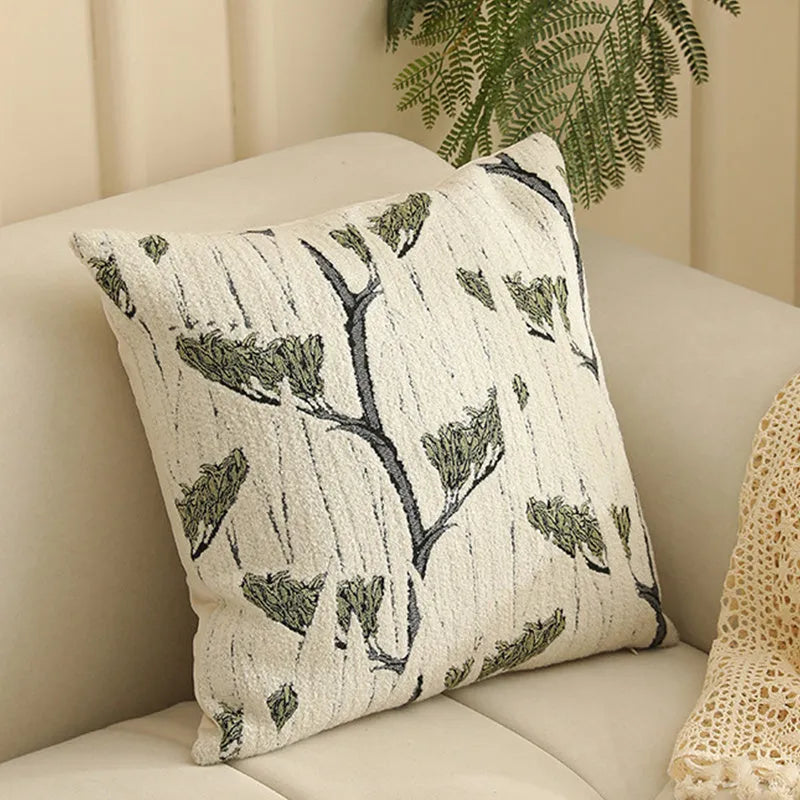 Square Jacquard pillow cover with detailed retro floral pattern on a grey sofa, showing 45x45cm size.