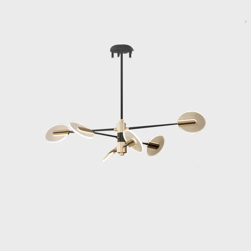 Nordic style LED chandelier with black iron frame and white acrylic shades, shown in a dining room setting.