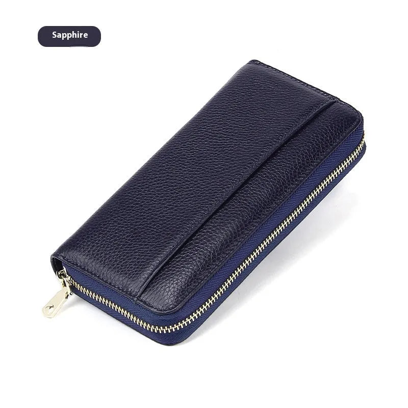 Genuine leather women's wallet in multiple solid colours showing interior card storage compartments