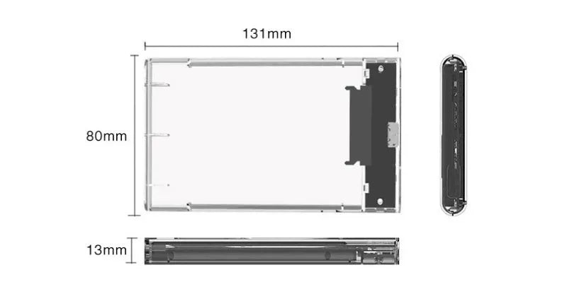 Transparent hard disk box enclosure in PC material for 2TB to 4TB SATA drives, USB to SATA, 131mm x 80mm x 13mm